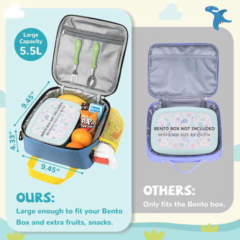 REDSHELL kids lunch box interior organization view, fits bento boxes and snacks.