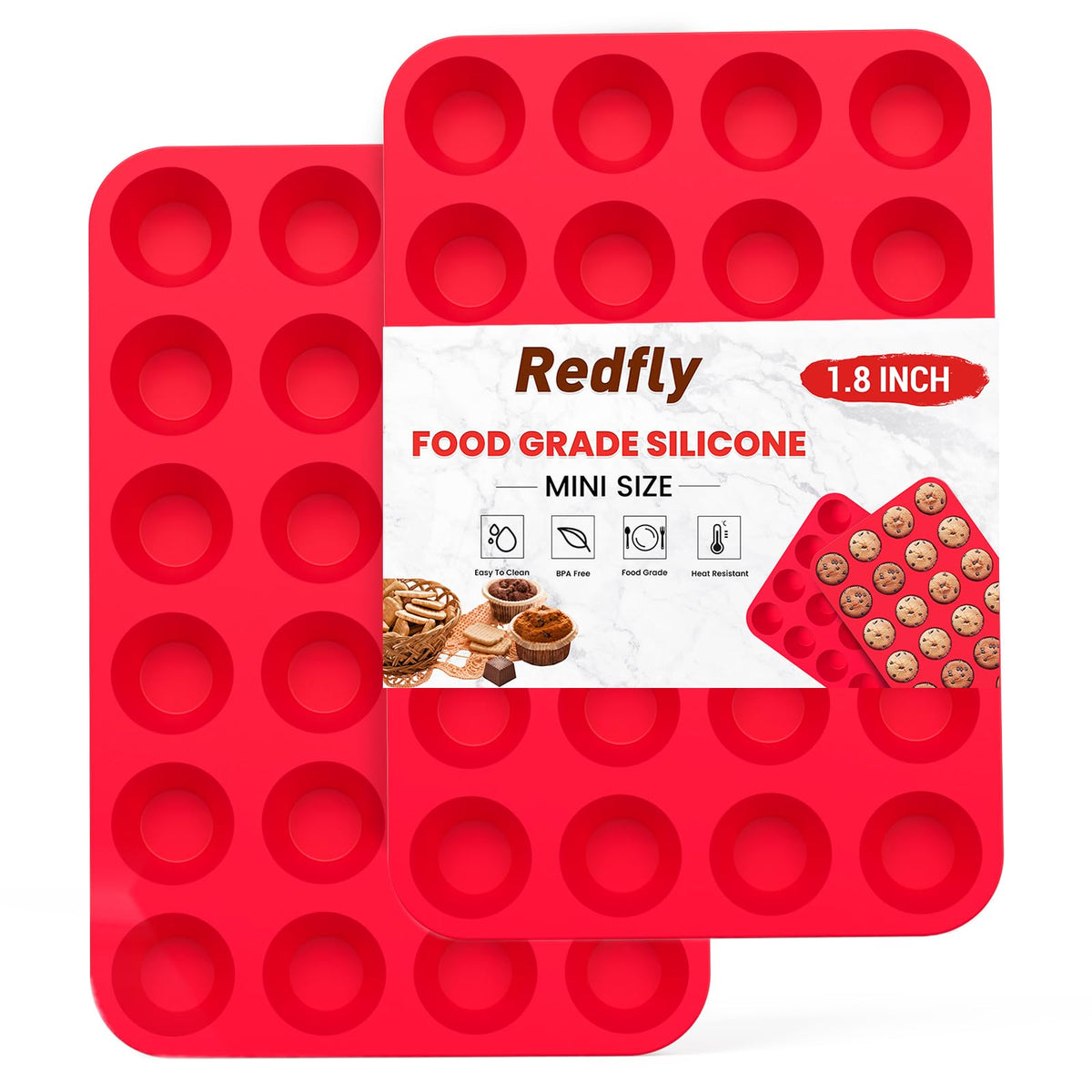 Redfly 24-cup silicone mini muffin pan two-pack for large bake batches.