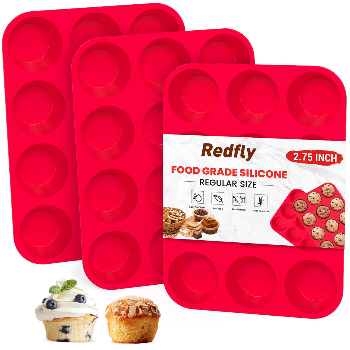 Redfly 3-pack silicone muffin pan with 12 cups for even baking and easy release.