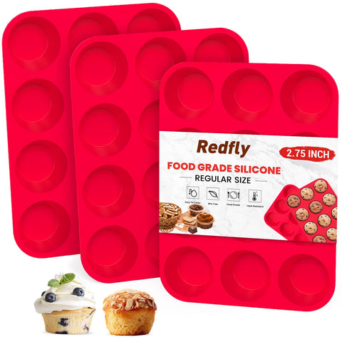 Redfly 3-pack silicone muffin pan with 12 cups for even baking and easy release.