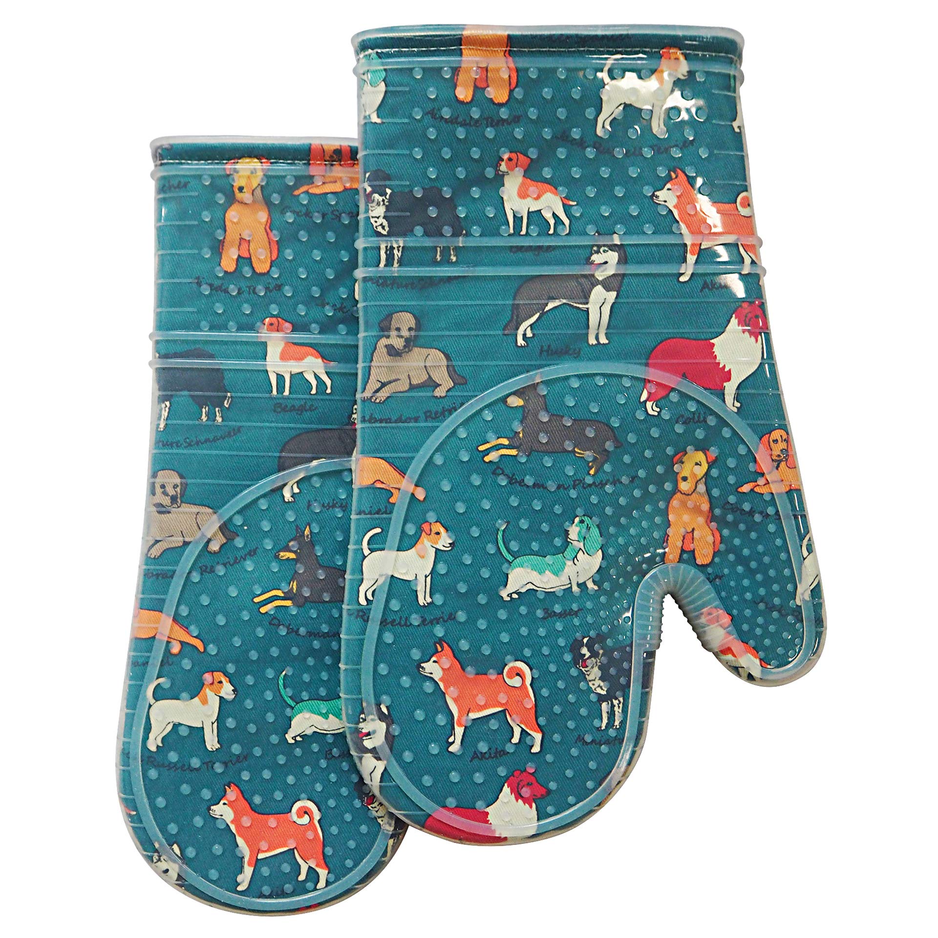 Red LMLDETA oven mitts with clear silicone shell and dog print for secure cooking grip