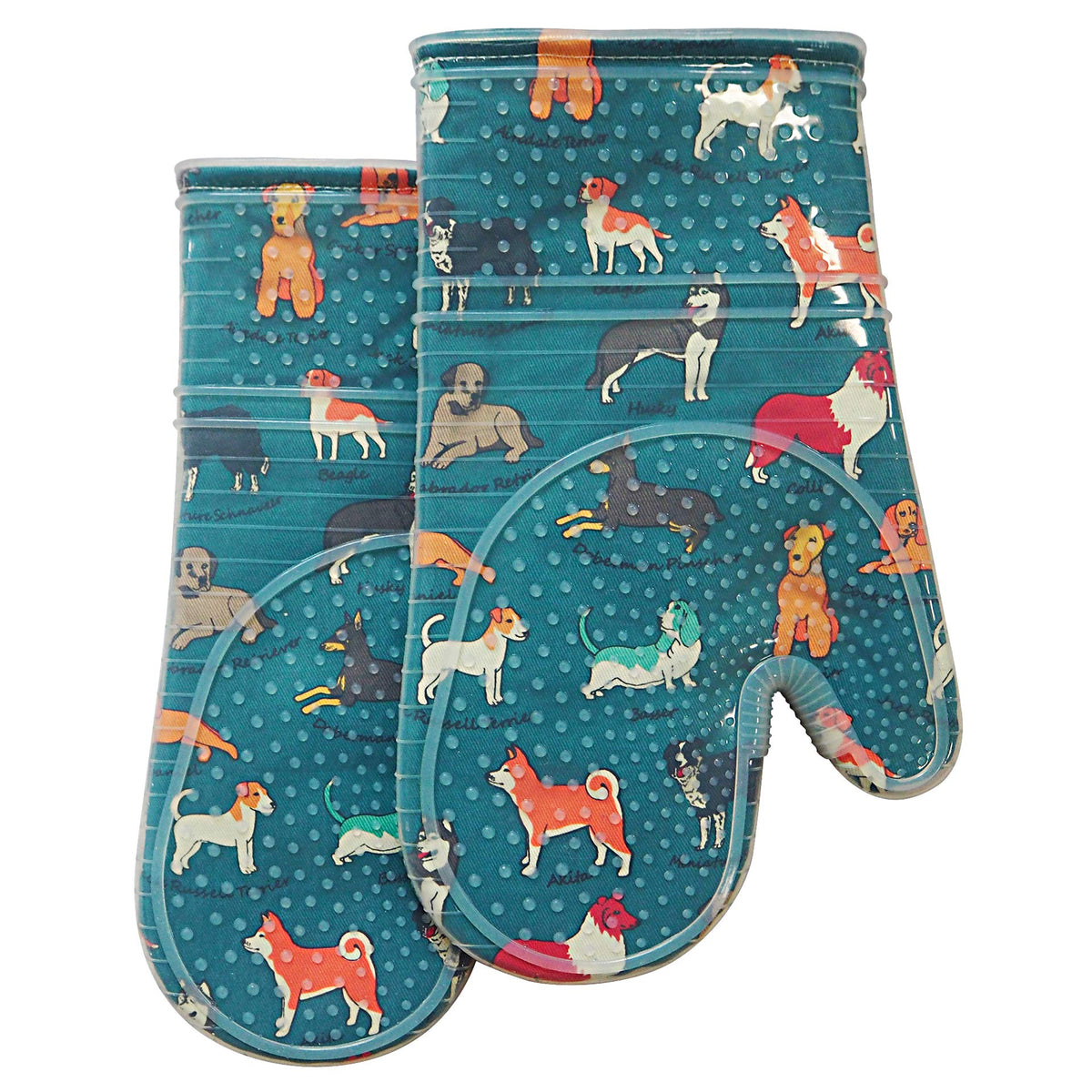 Red LMLDETA oven mitts with clear silicone shell and dog print for secure cooking grip