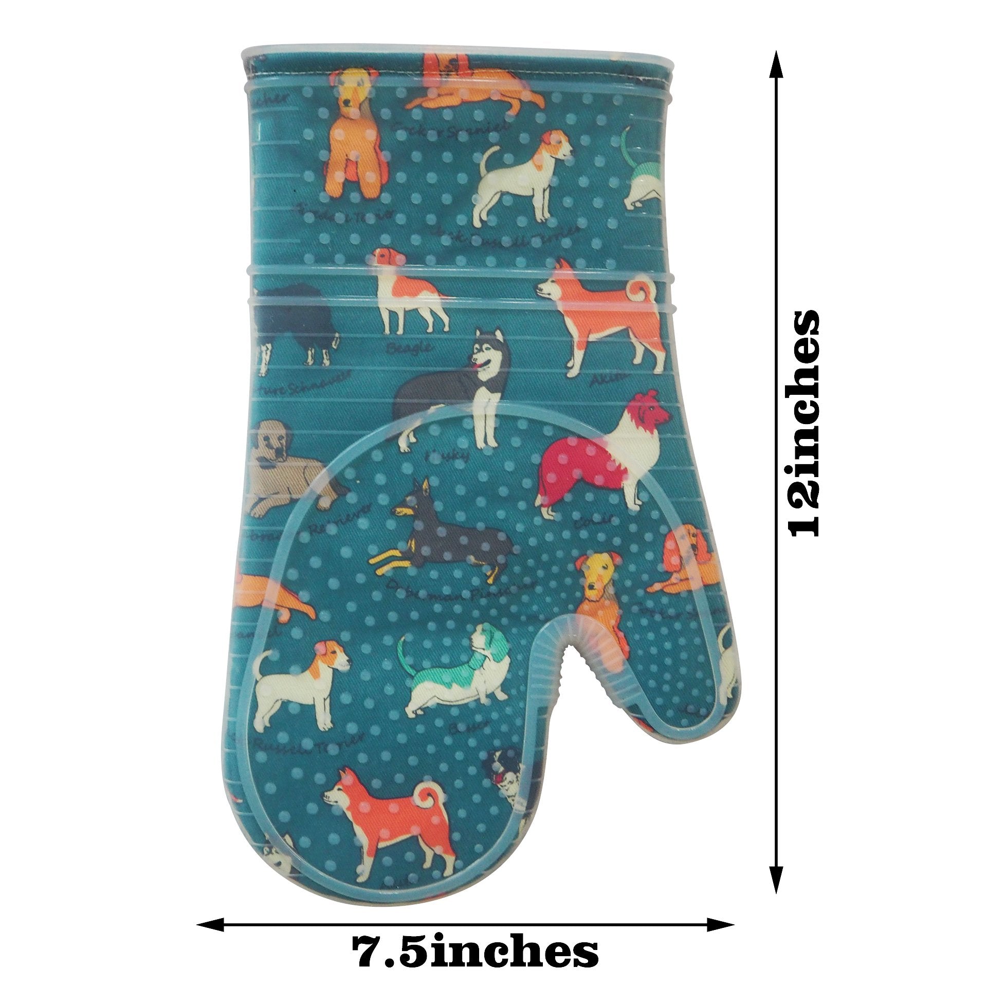 Red LMLDETA oven mitts with clear shell and dog print, blue tone