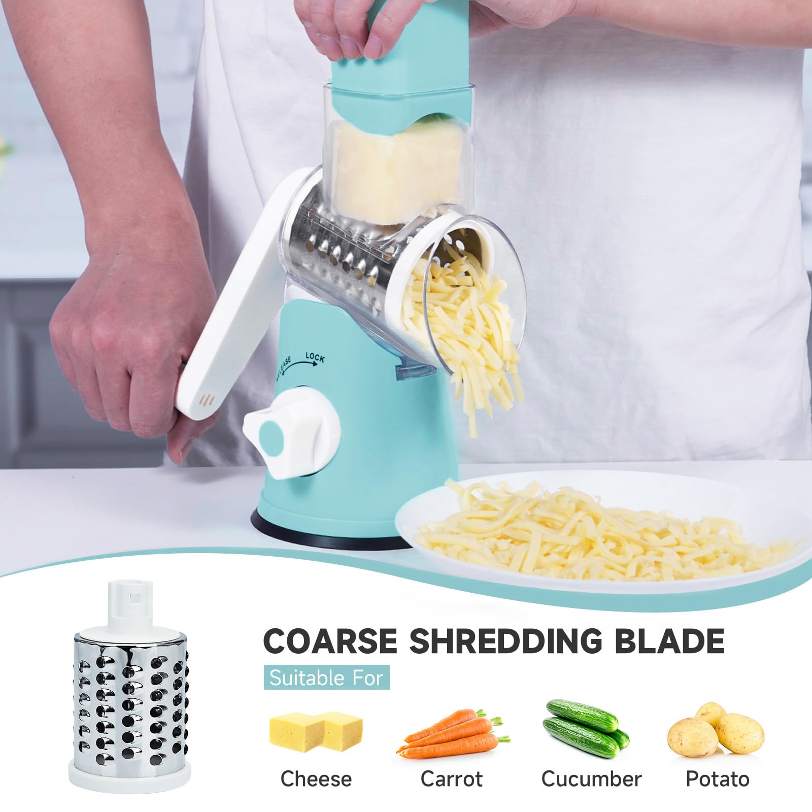 REDPANT grater slices vegetables with the slicer blade for quick salads.
