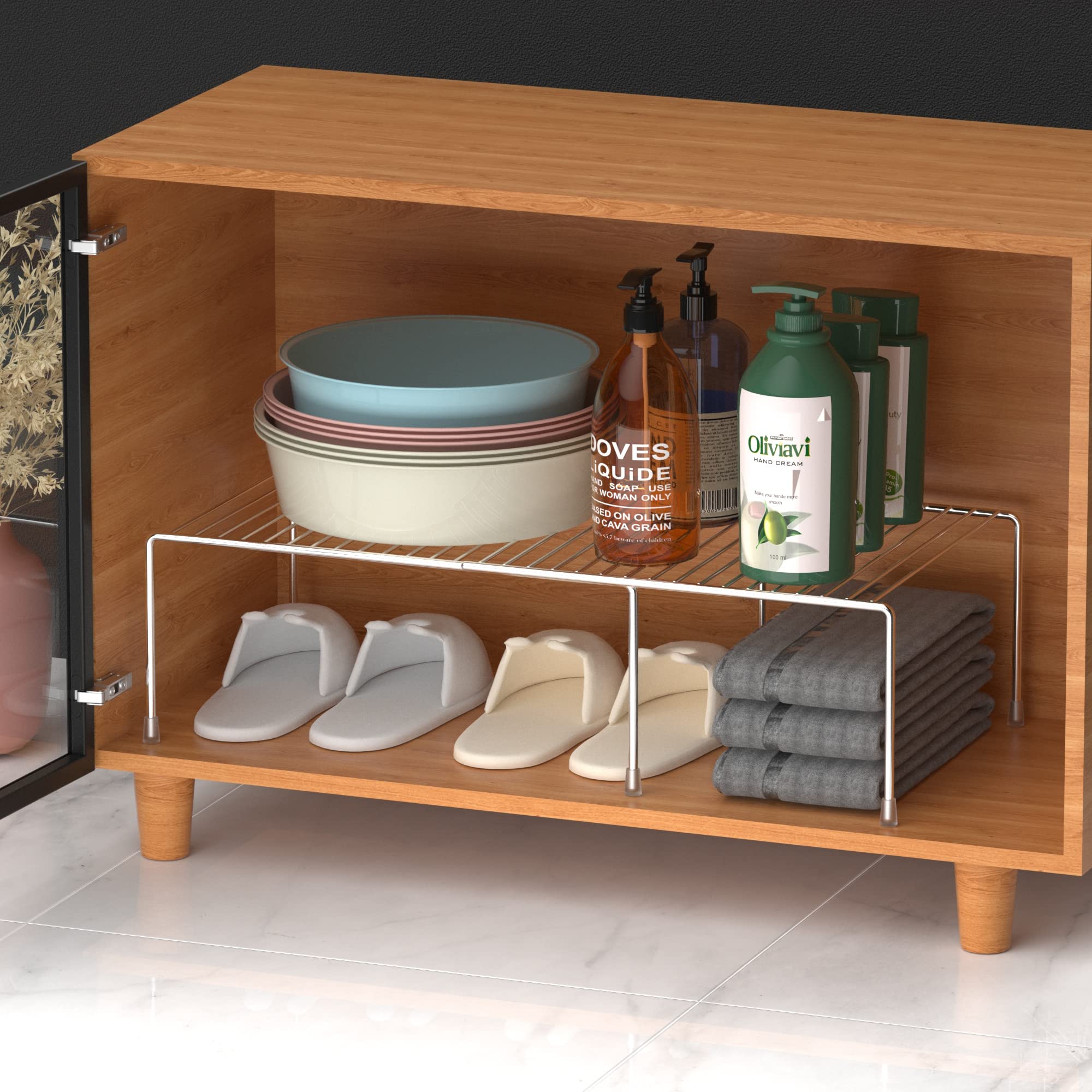 Redrubbit expandable shelf optimizes cabinet storage without tools or drilling.