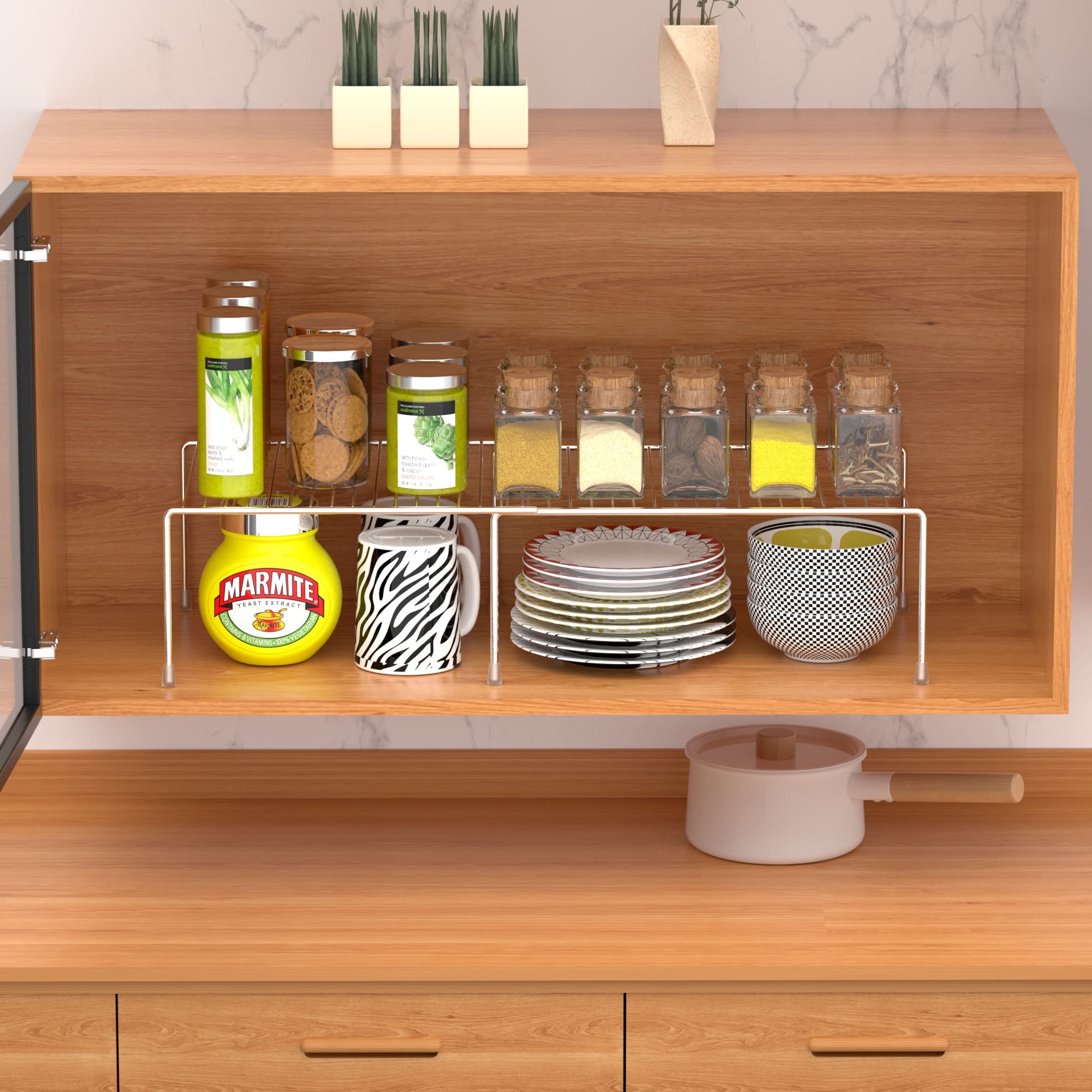 Redrubbit shelf’s plastic feet protect surfaces while stabilizing on smooth countertops.