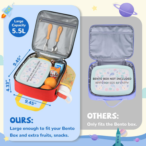 REDSHELL kids lunch bag shows roomy main compartment for bento boxes and snacks.