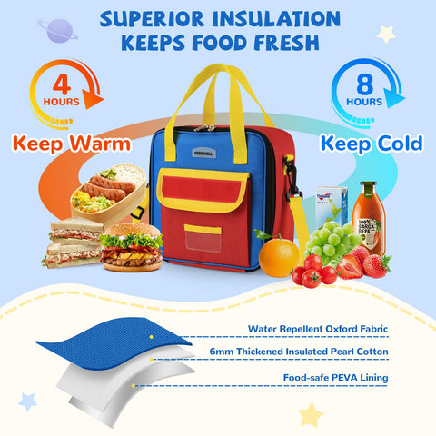 REDSHELL kids lunch bag with water bottle pocket keeps drinks easily accessible.