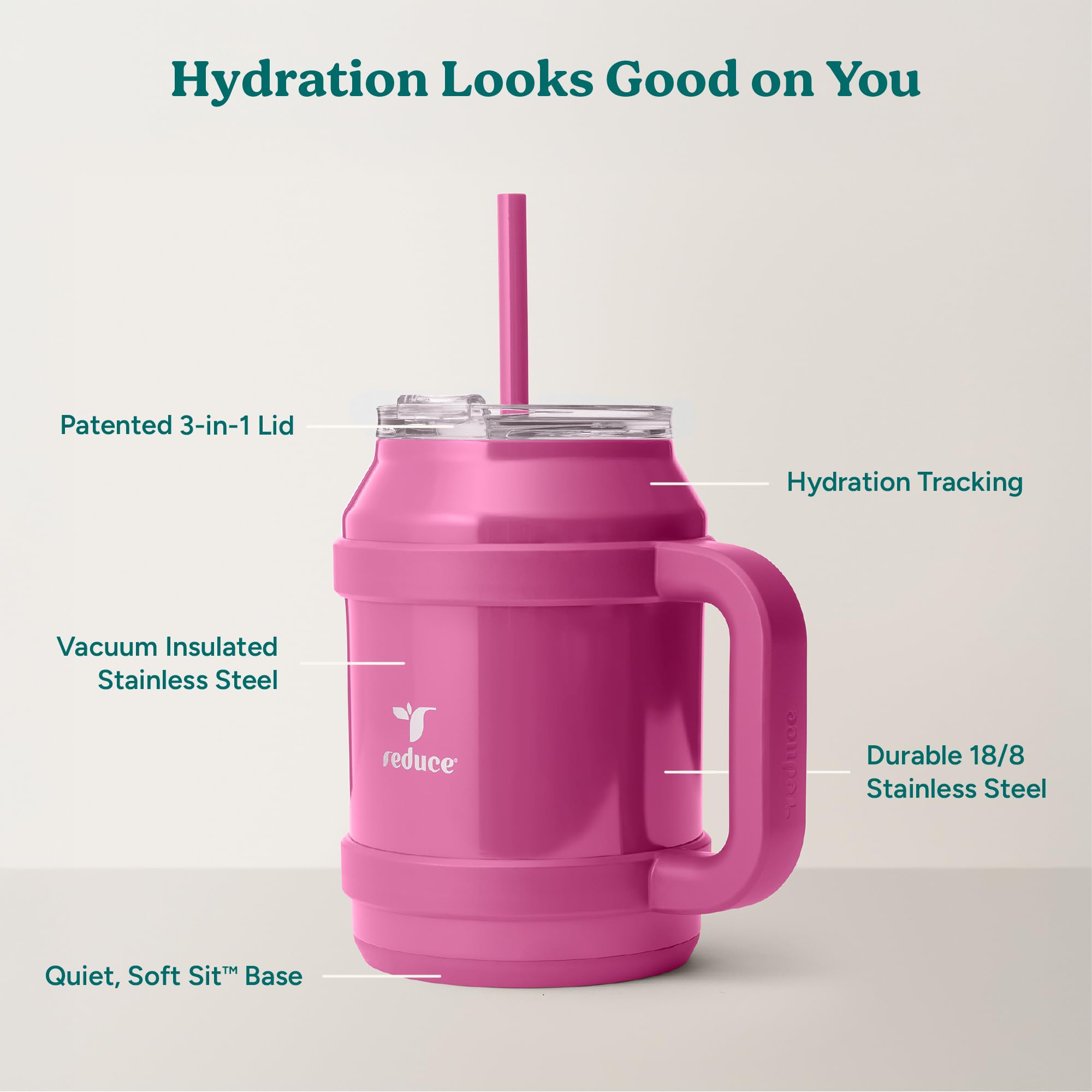 REDUCE tumbler with patented 3-in-1 lid for sipping, chugging, or straw.