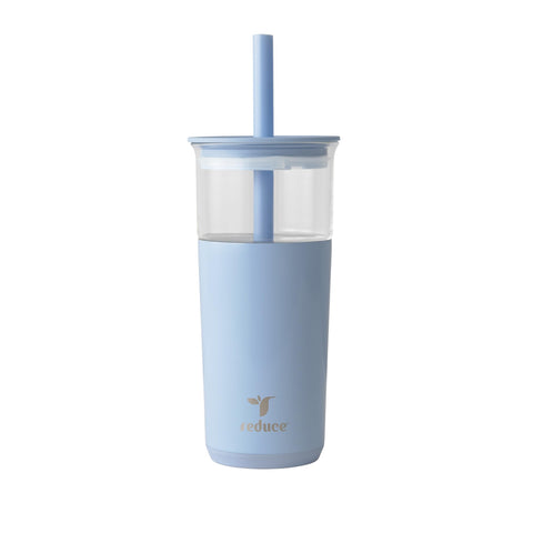 REDUCE Aspen 20oz glass tumbler with lid and straw for cold drinks.