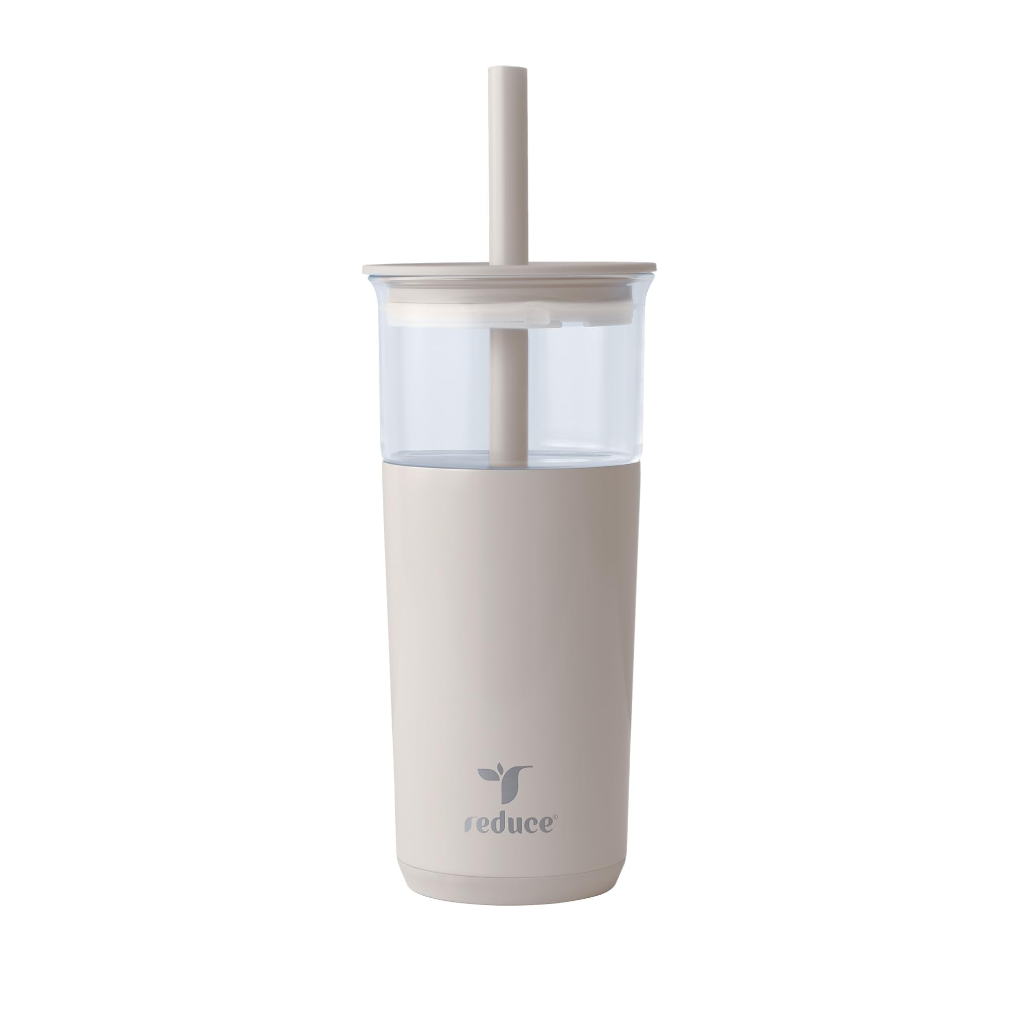 REDUCE Aspen 20oz glass tumbler with lid keeps beverages cold on the go.