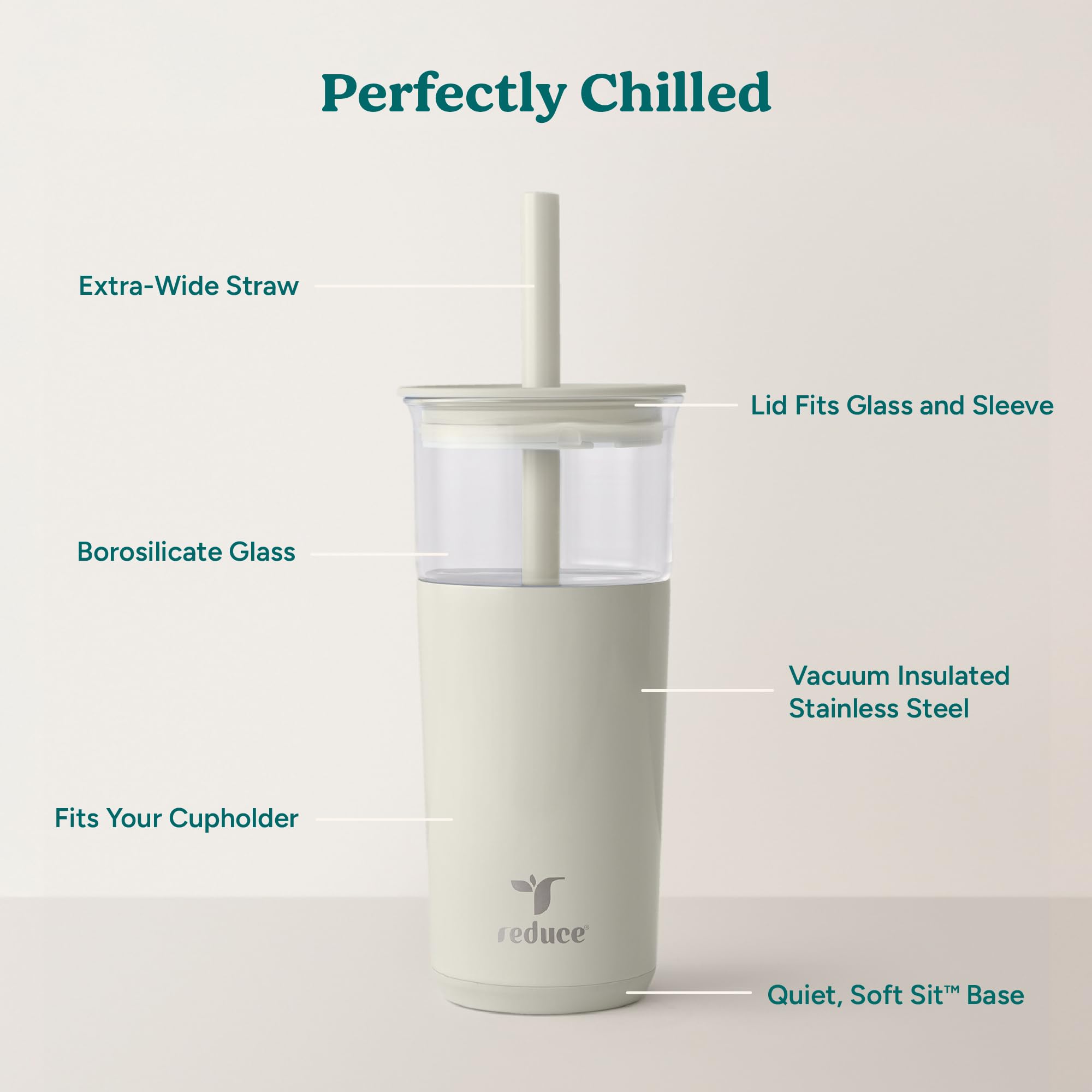 REDUCE Aspen borosilicate glass offers durable, chemical-free sipping.