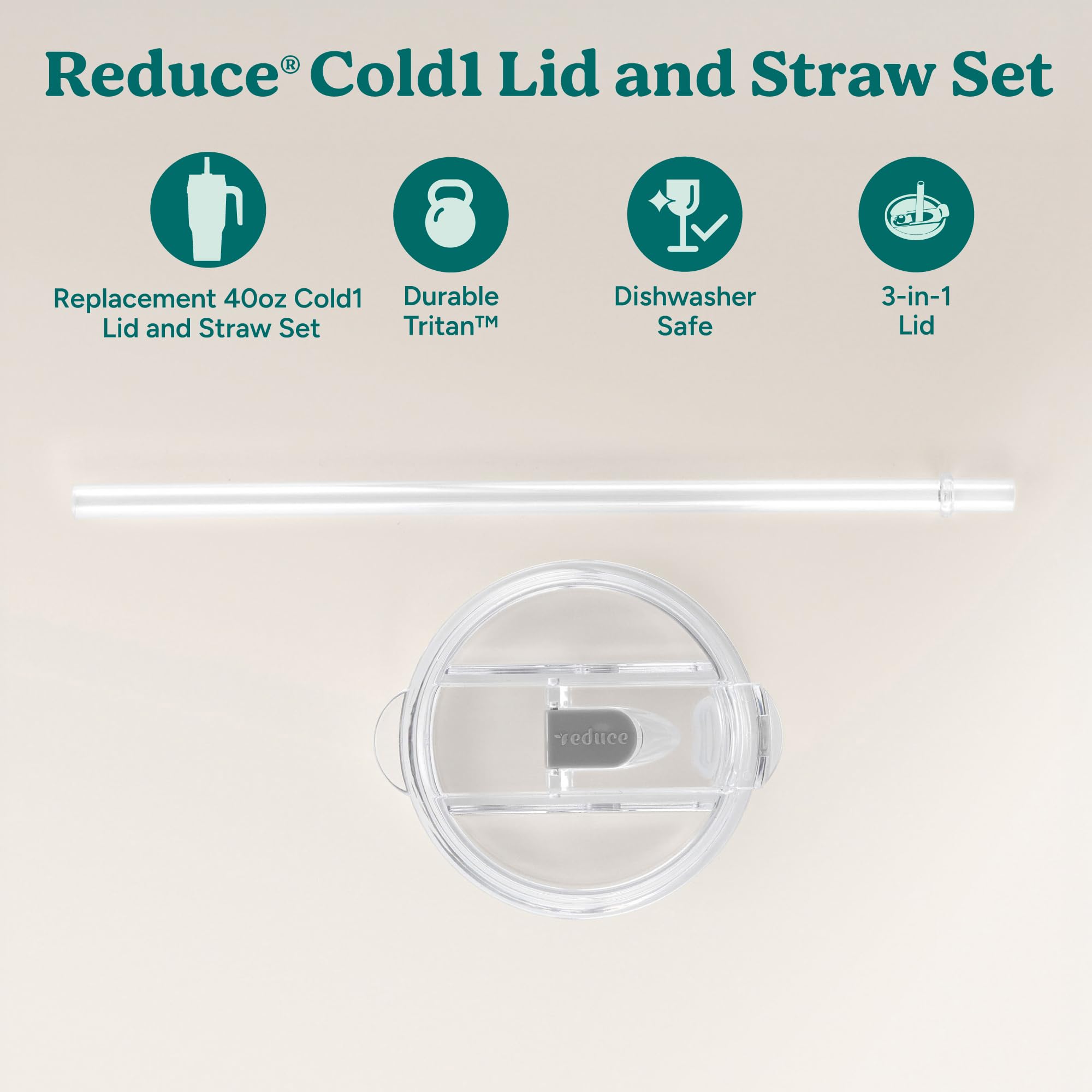 REDUCE lid and straw close-up shows BPA free materials for safe on the go sipping.