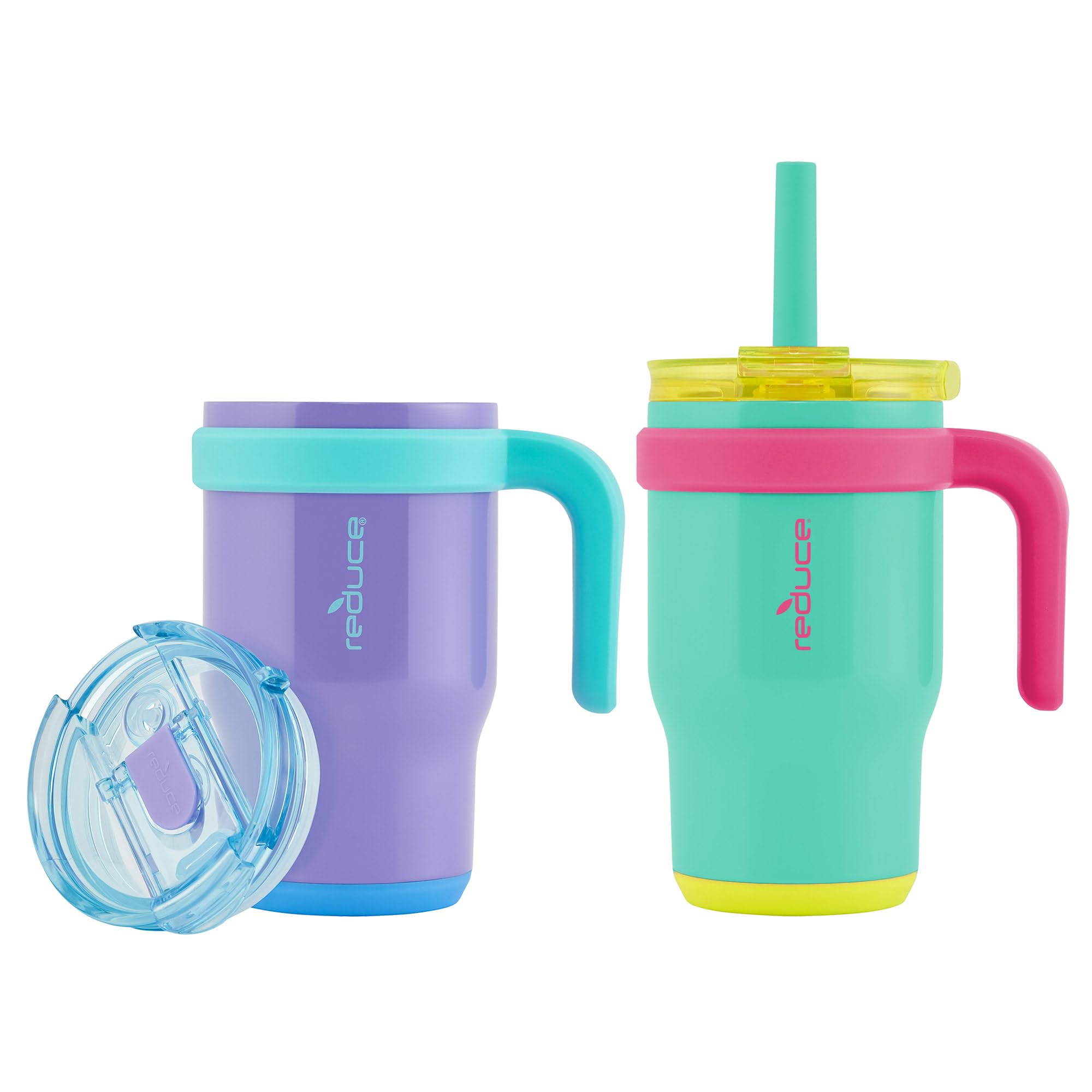 Two-pack in purple and teal for kids' hydration on the move.