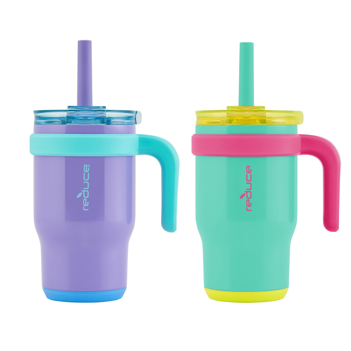 REDUCE Coldee Kids Tumbler with handle close-up showing secure lid for spill protection.