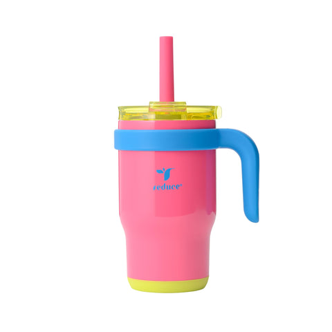 REDUCE Coldee kid tumbler with pink lid for spill-free car trips.