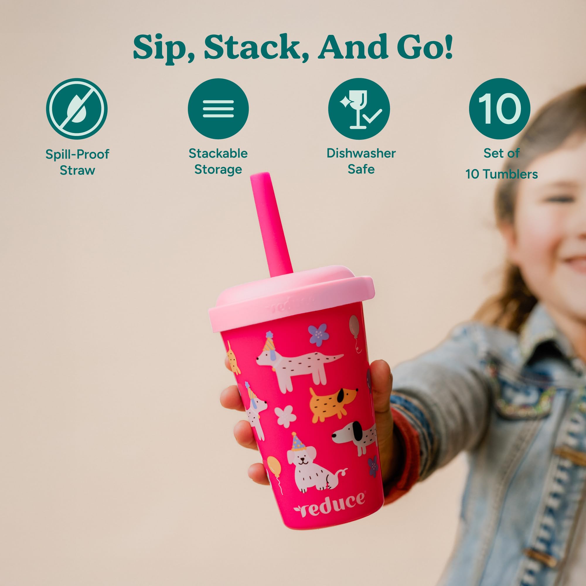 Reduce GoGo spill-proof straw shows mess-free sipping during playtime.