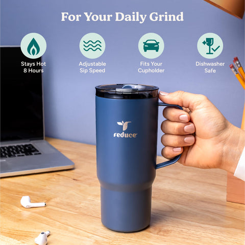 REDUCE Hot1 mug demonstrates 24 oz capacity for long commutes