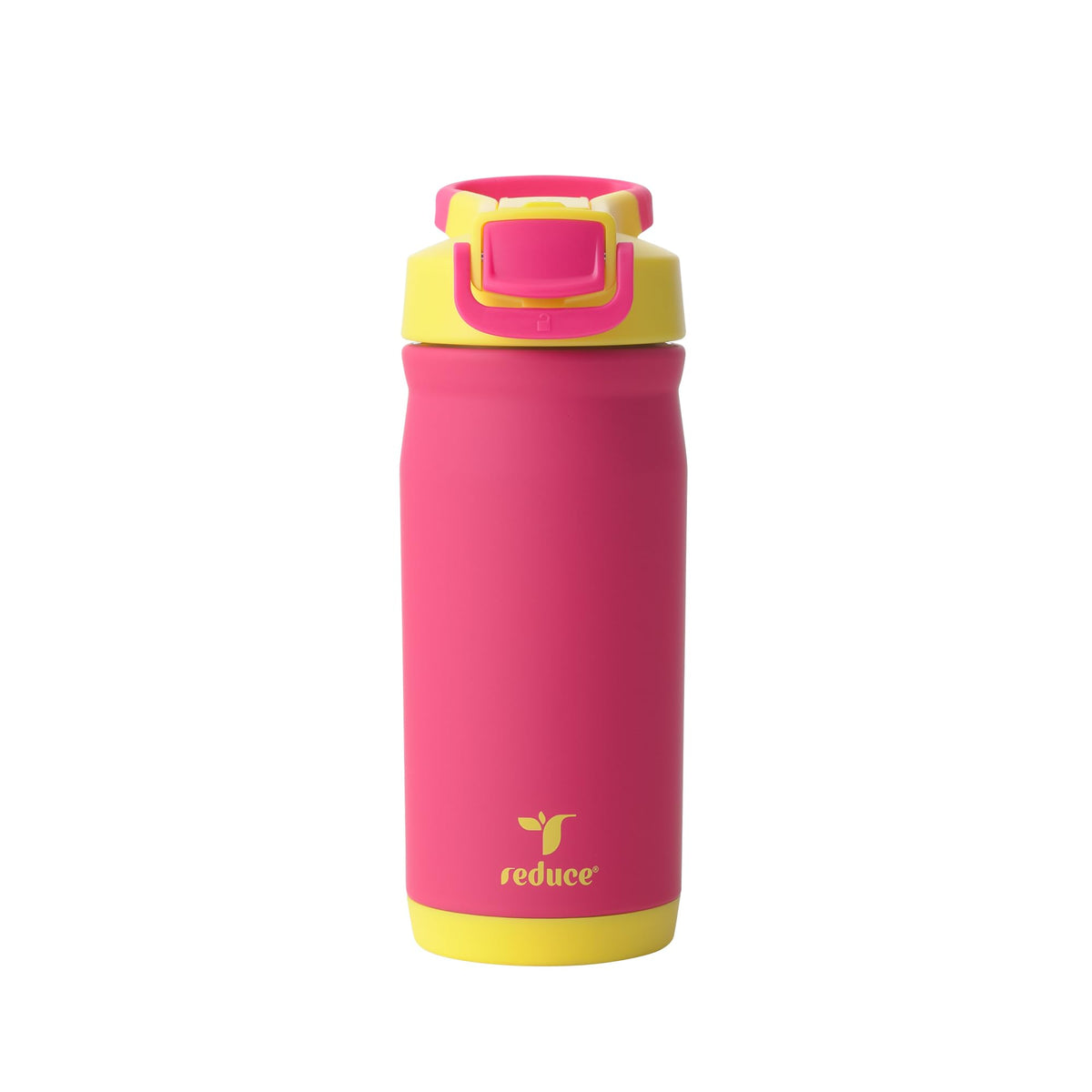 REDUCE Hydrate Pro Kids bottle front view in pink lemonade shows straw for easy sipping