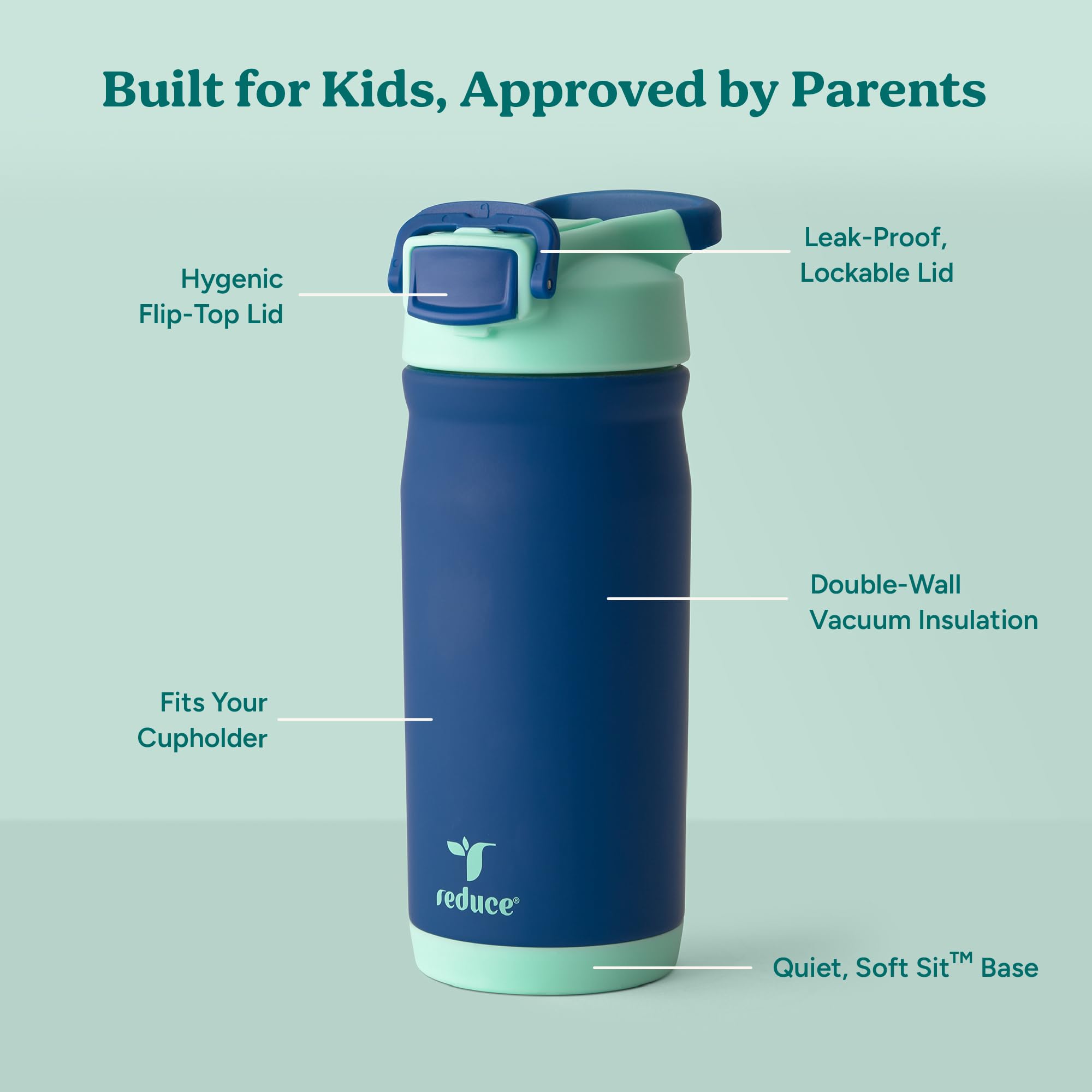 Lid with lock system on the Hydrate Pro Kids bottle enhances leak protection.