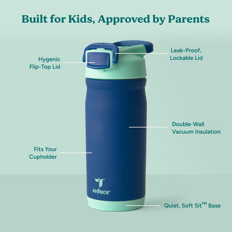 Lid with lock system on the Hydrate Pro Kids bottle enhances leak protection.