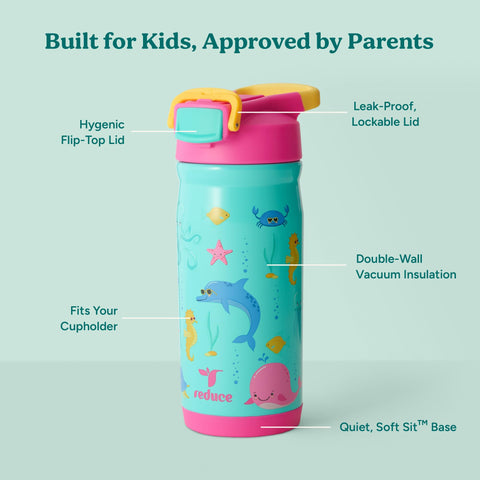 REDUCE Hydrate Pro Kids straw extended emphasizes spill-proof sipping design.
