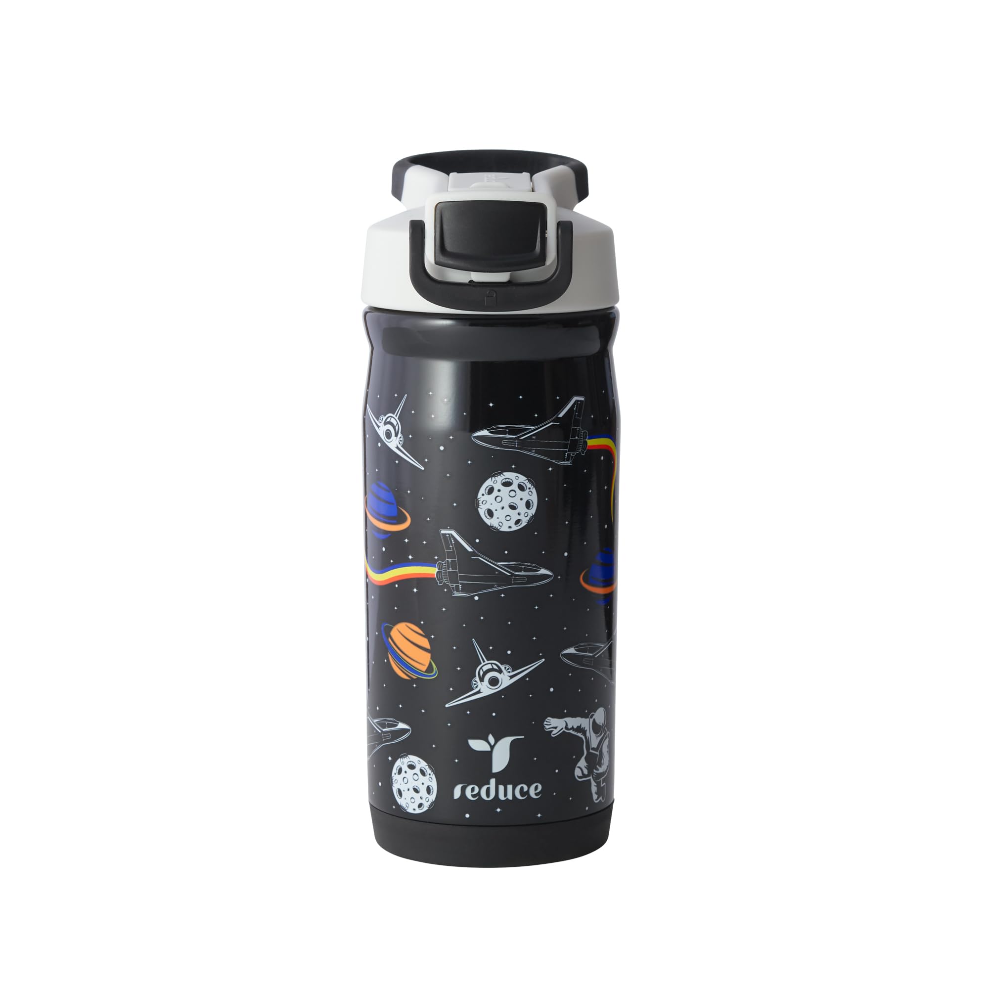 REDUCE Hydrate Pro Kids Galaxy bottle cap close-up demonstrating secure seal for spill prevention.