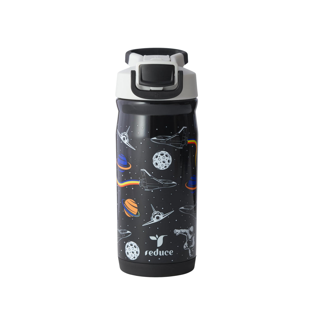 REDUCE Hydrate Pro Kids Galaxy bottle cap close-up demonstrating secure seal for spill prevention.