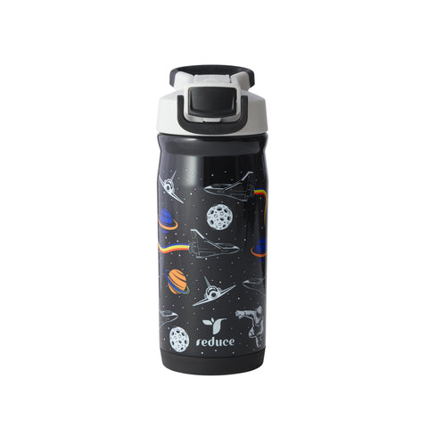 REDUCE Hydrate Pro Kids Galaxy bottle cap close-up demonstrating secure seal for spill prevention.