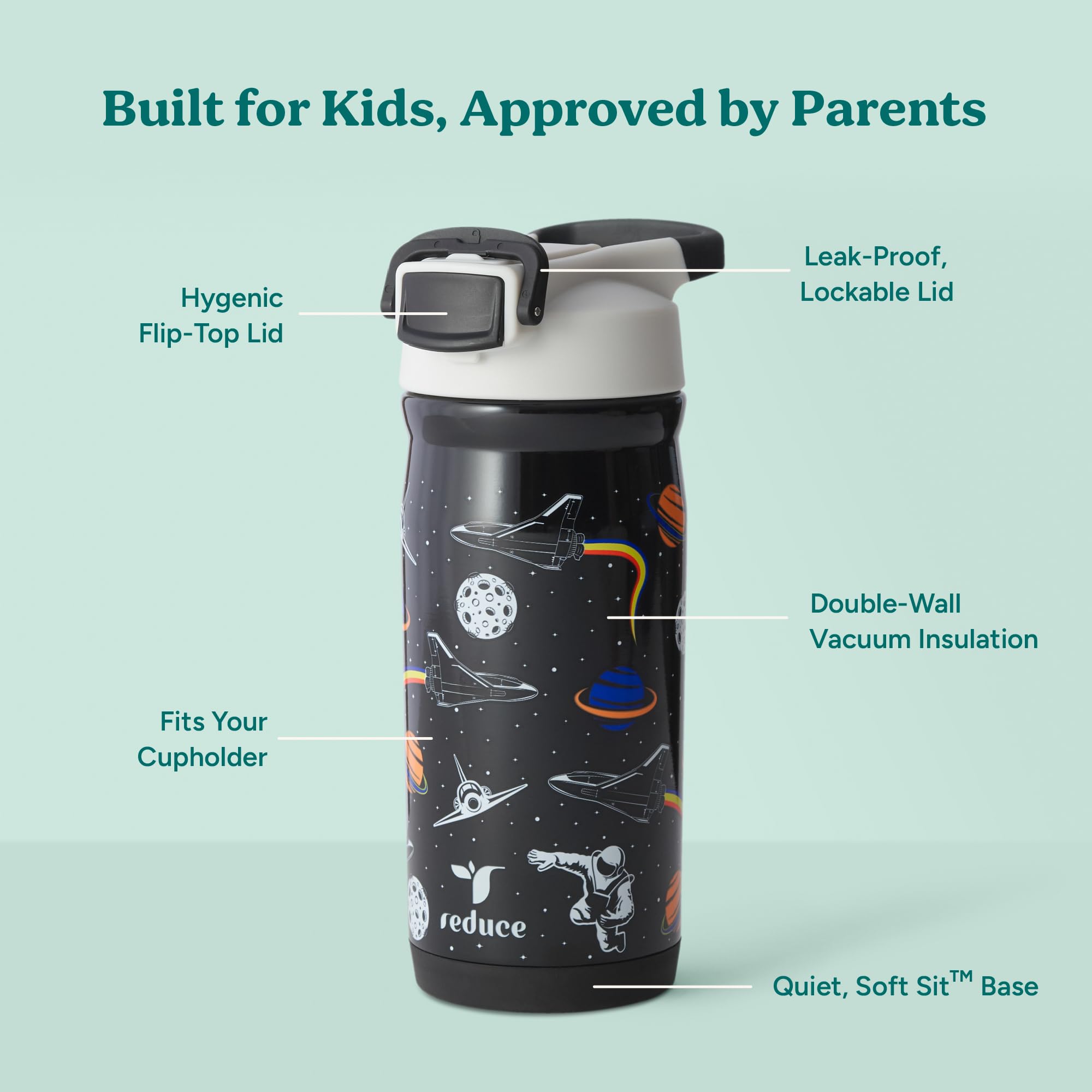 REDUCE Hydrate Pro Kids Galaxy side view shows compact size for backpacks.