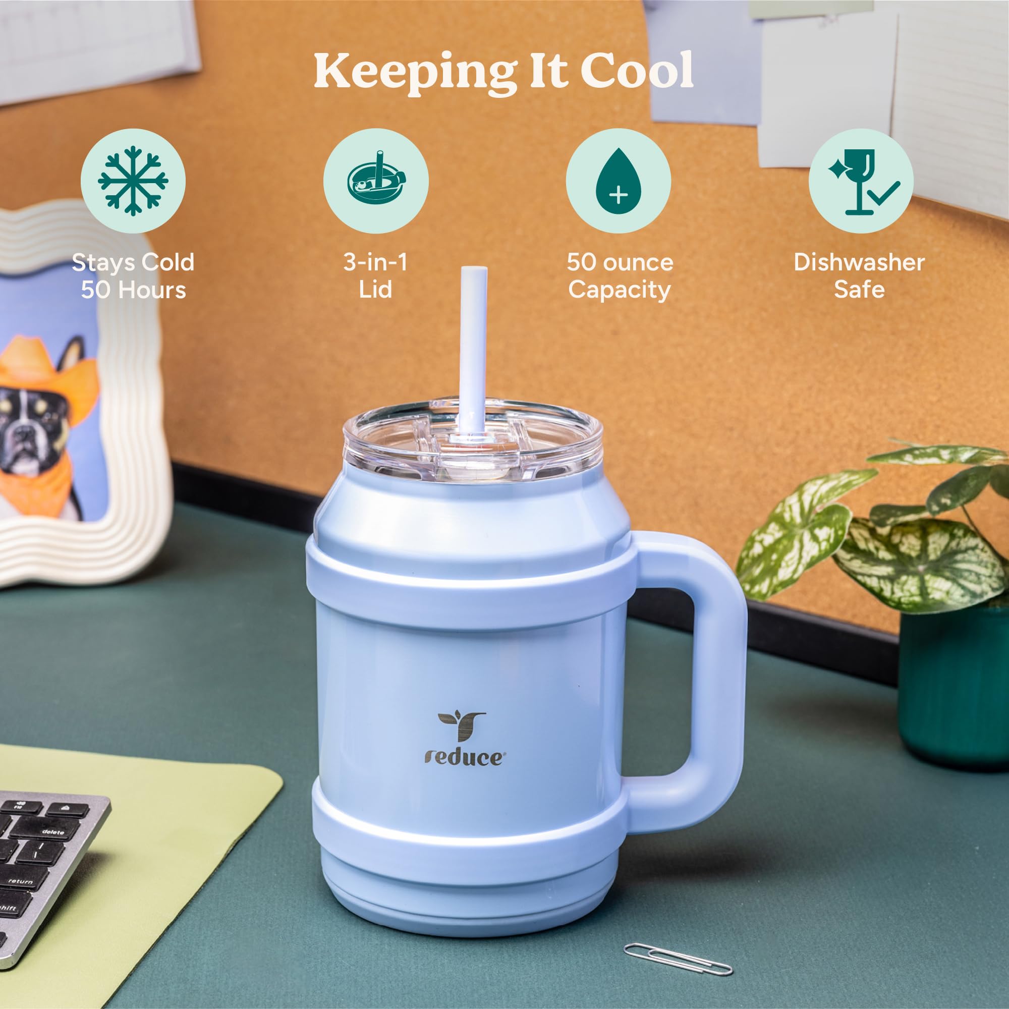 REDUCE 3-in-1 lid enables sipping, chugging, or straw use.