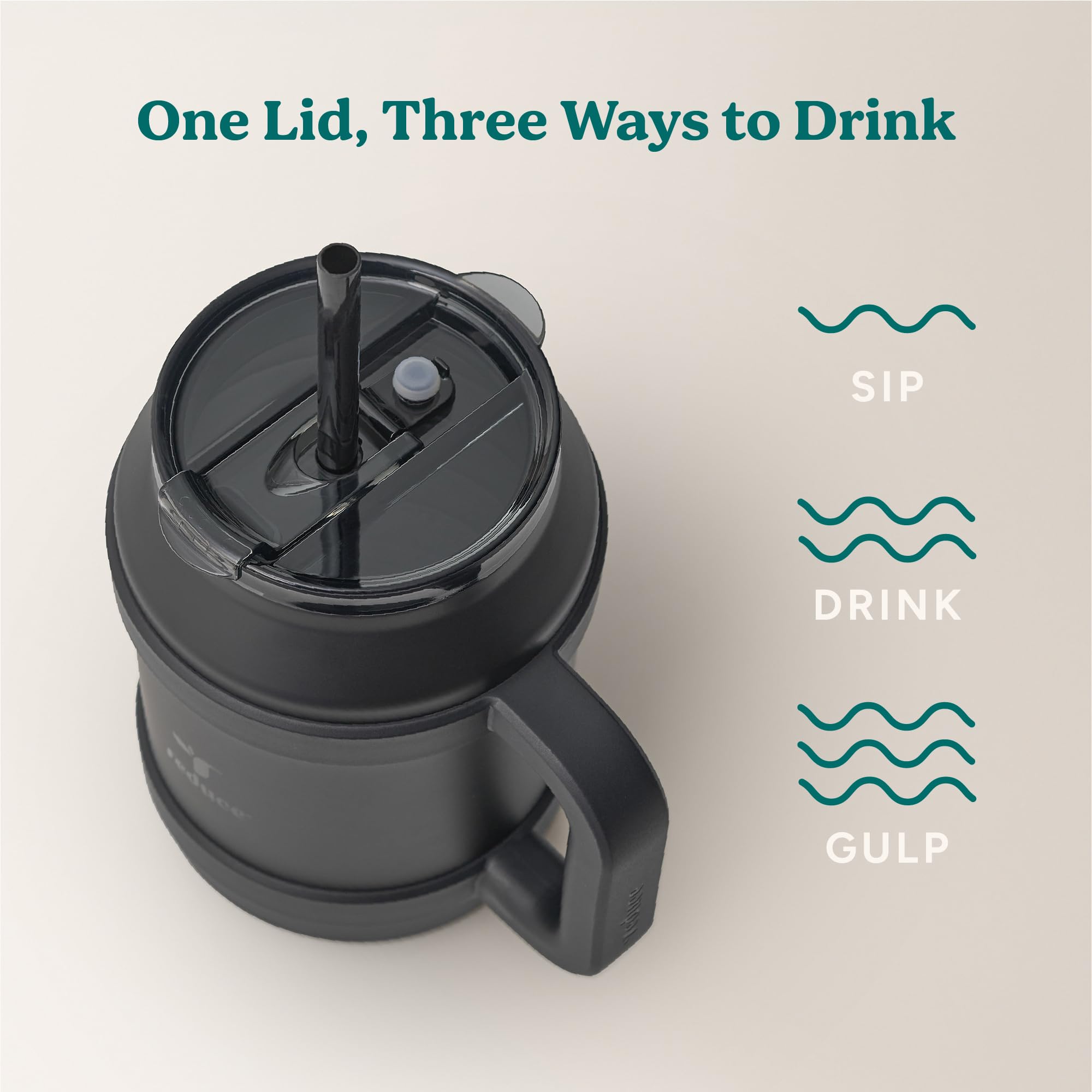 REDUCE wide-base tumbler accommodates straw use for flexible drinking.