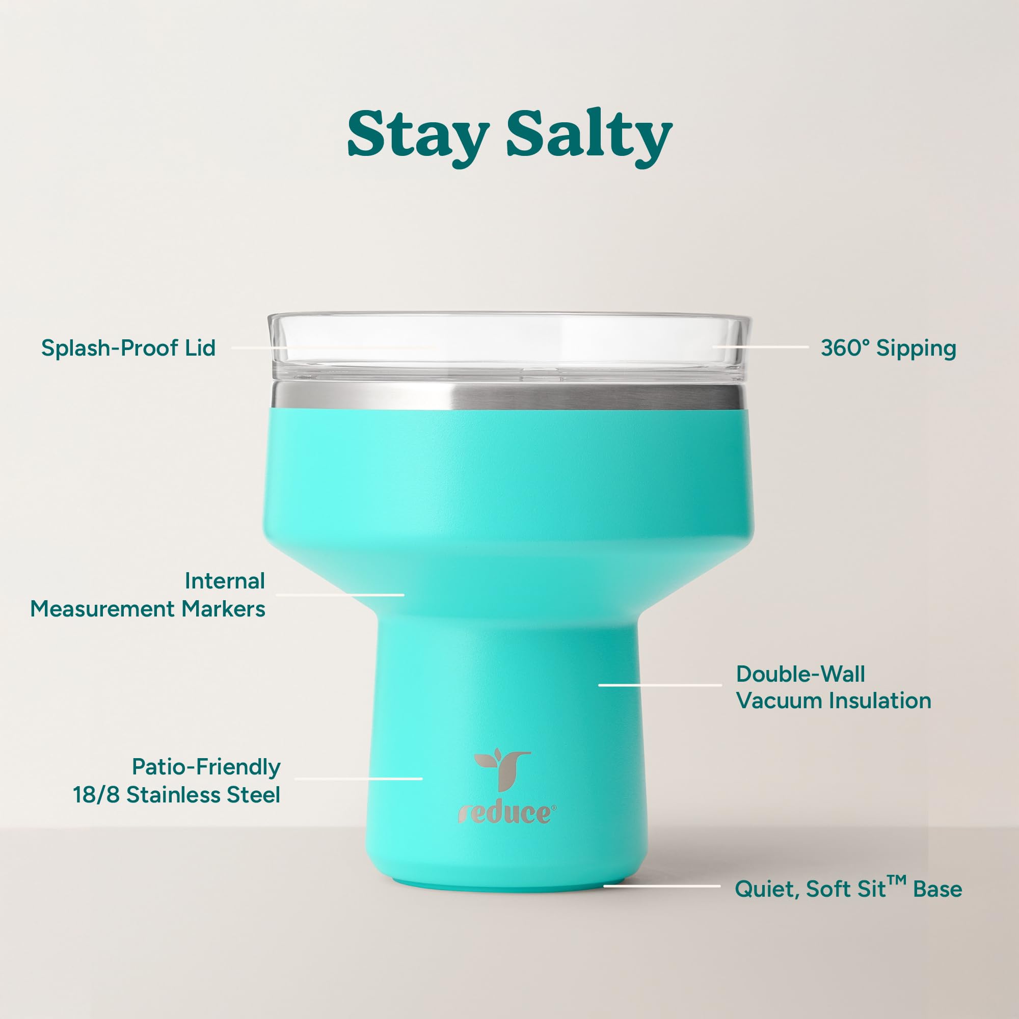 REDUCE Saltini shatterproof stainless steel body shown for outdoor use.