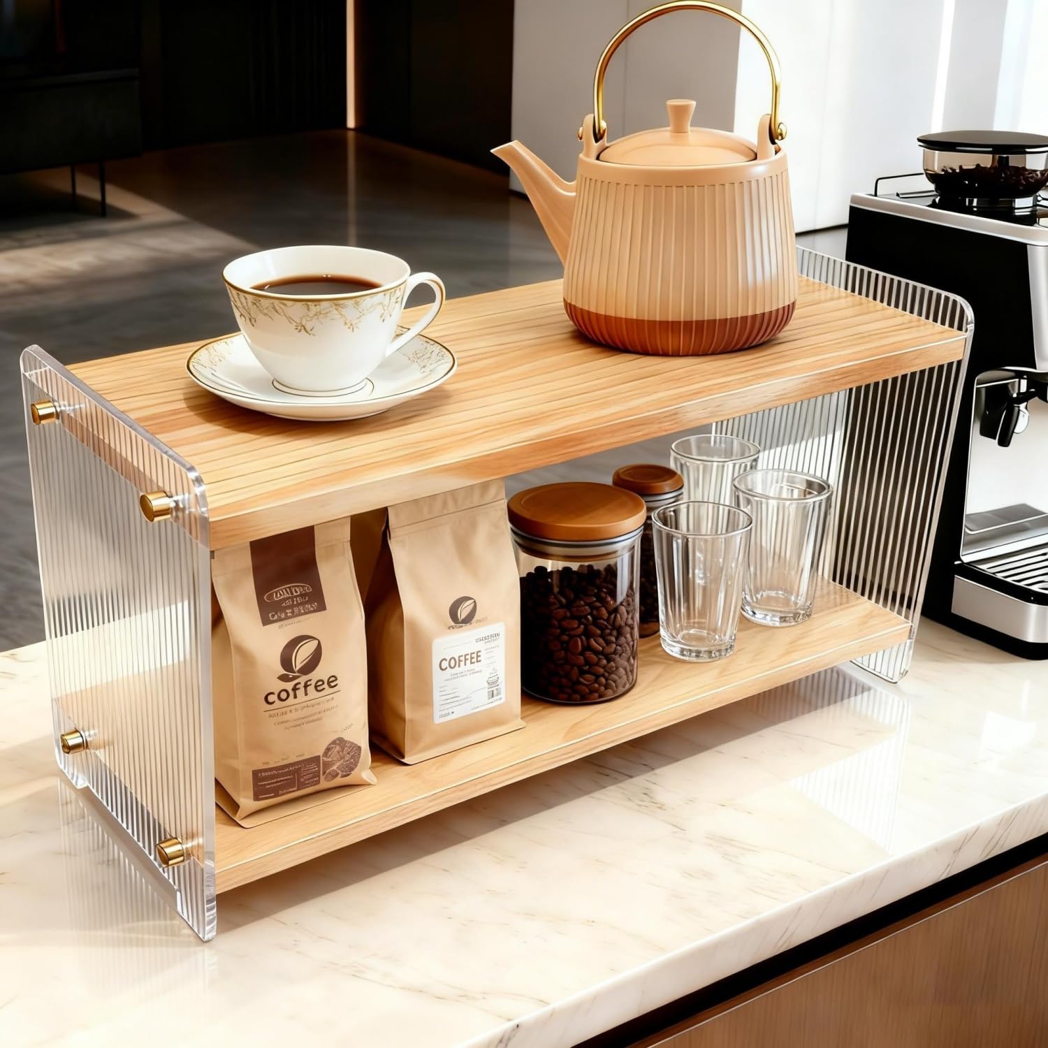 ReeGii Coffee Station Organizer 2-Tier mug shelf in pine wood for tidy coffee bar