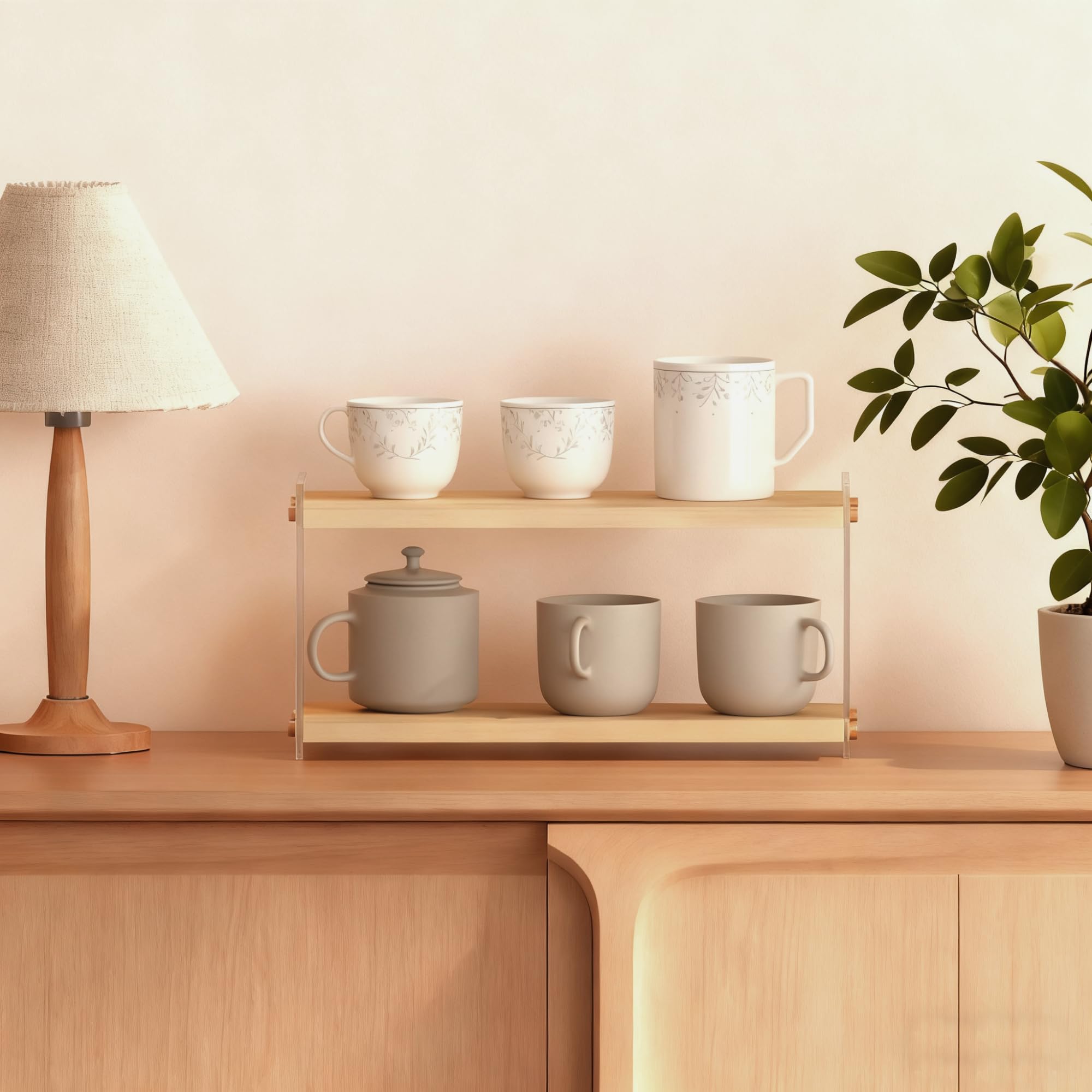 ReeGii pine wood shelf upper area holds mugs, lower area fits creamer bottles