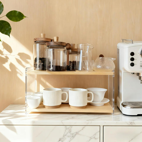 ReeGii 2-Tier organizer features raised edge to prevent tipping