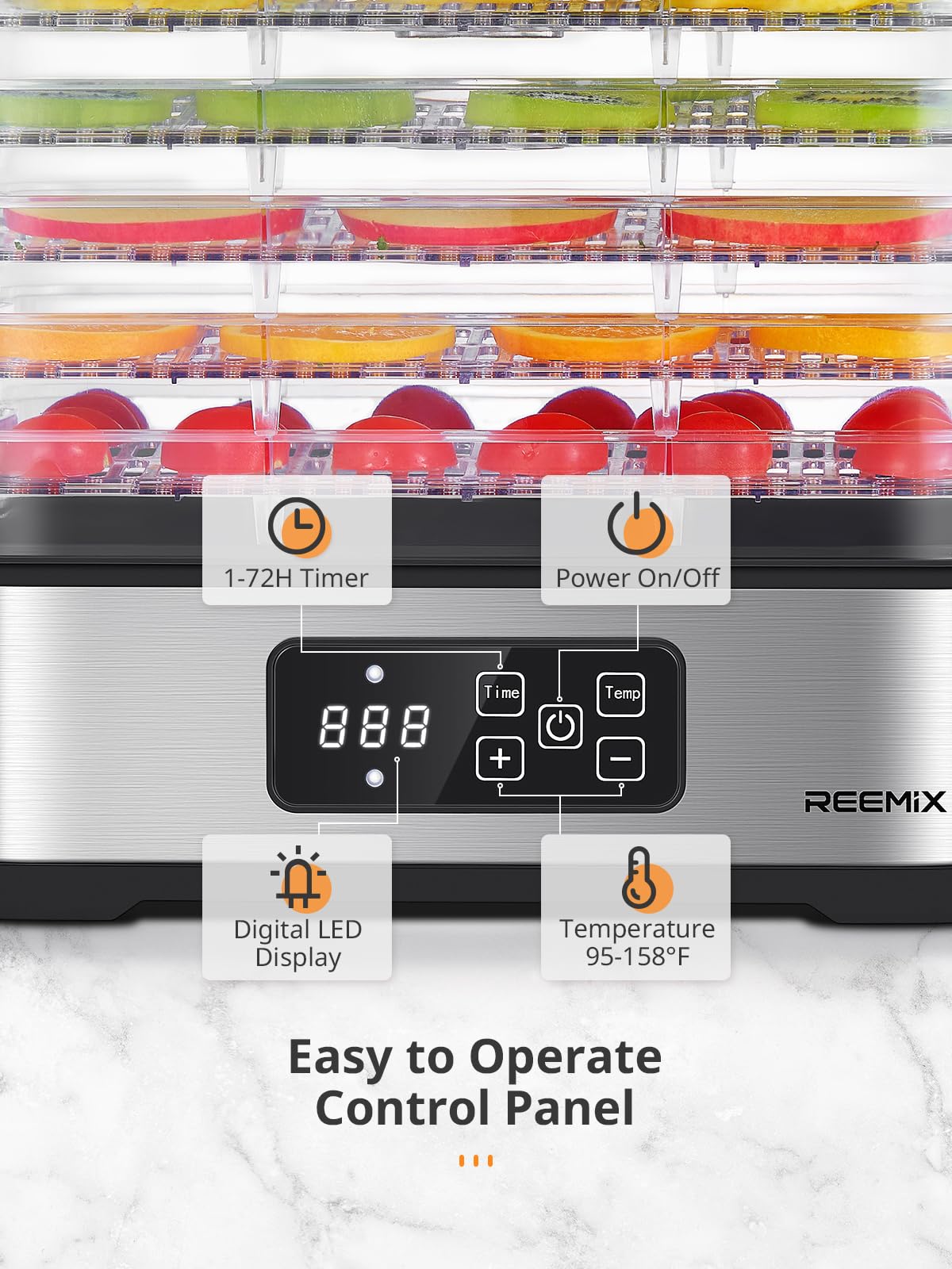Reemix dehydrator 360 airflow illustration highlights even drying and nutrient preservation.