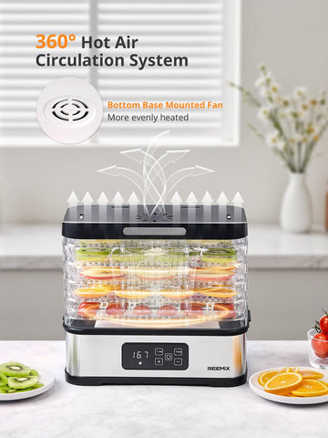 Reemix dehydrator LED control panel shows precise temperature and time settings.
