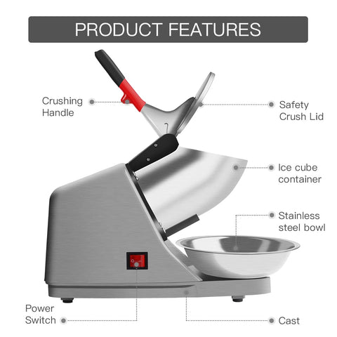 Reespring Snow Cone Machine side view, showcasing stainless steel build.