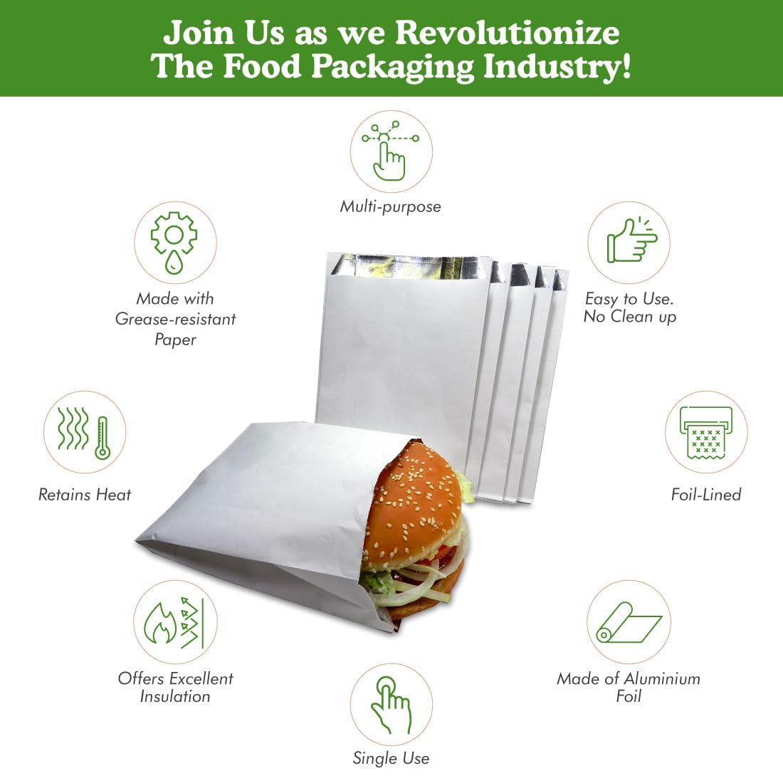 Regency Wraps foil-lined bags for burgers and sandwiches preserve heat during outdoor meals