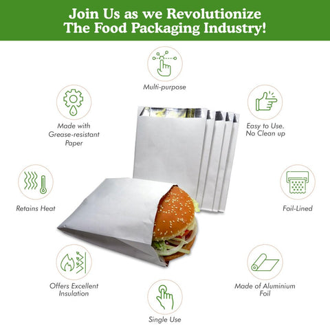 Regency Wraps foil-lined bags for burgers and sandwiches preserve heat during outdoor meals