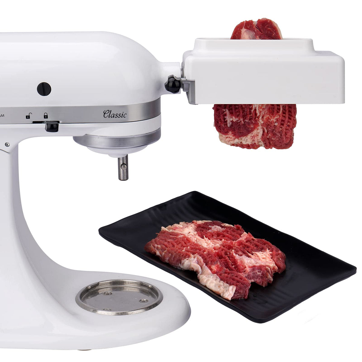 Reikame meat tenderizer attachment on KitchenAid for smoother tenderizing.
