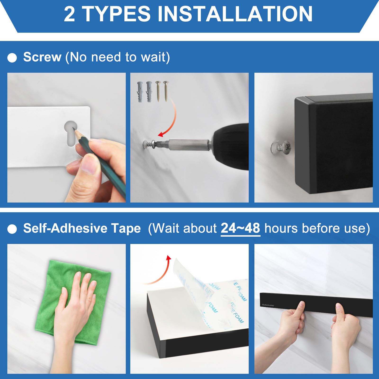Easy no-drill installation on smooth surfaces with adhesive tape.