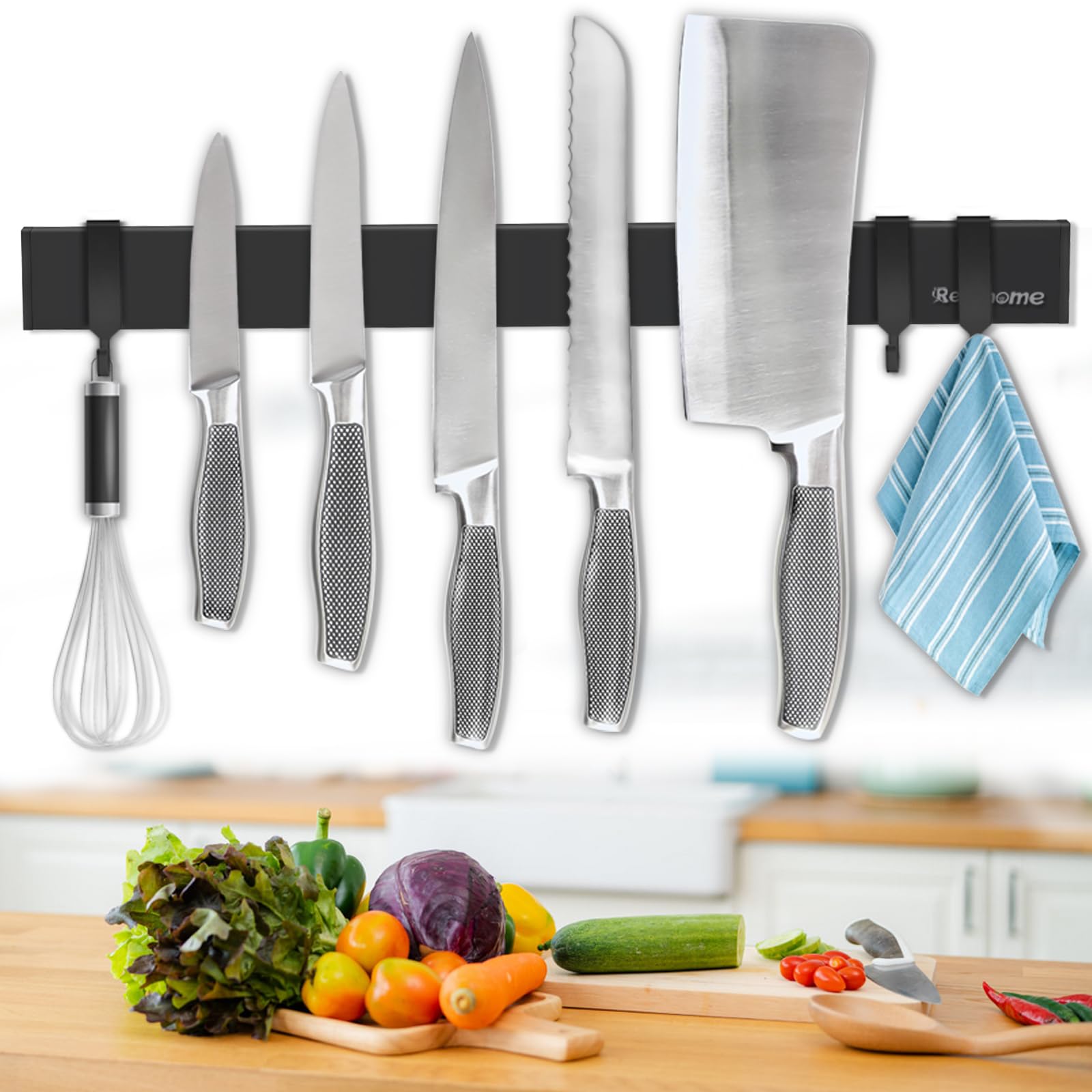Rekehome wall-mounted 17 inch magnetic knife holder keeps blades organized.