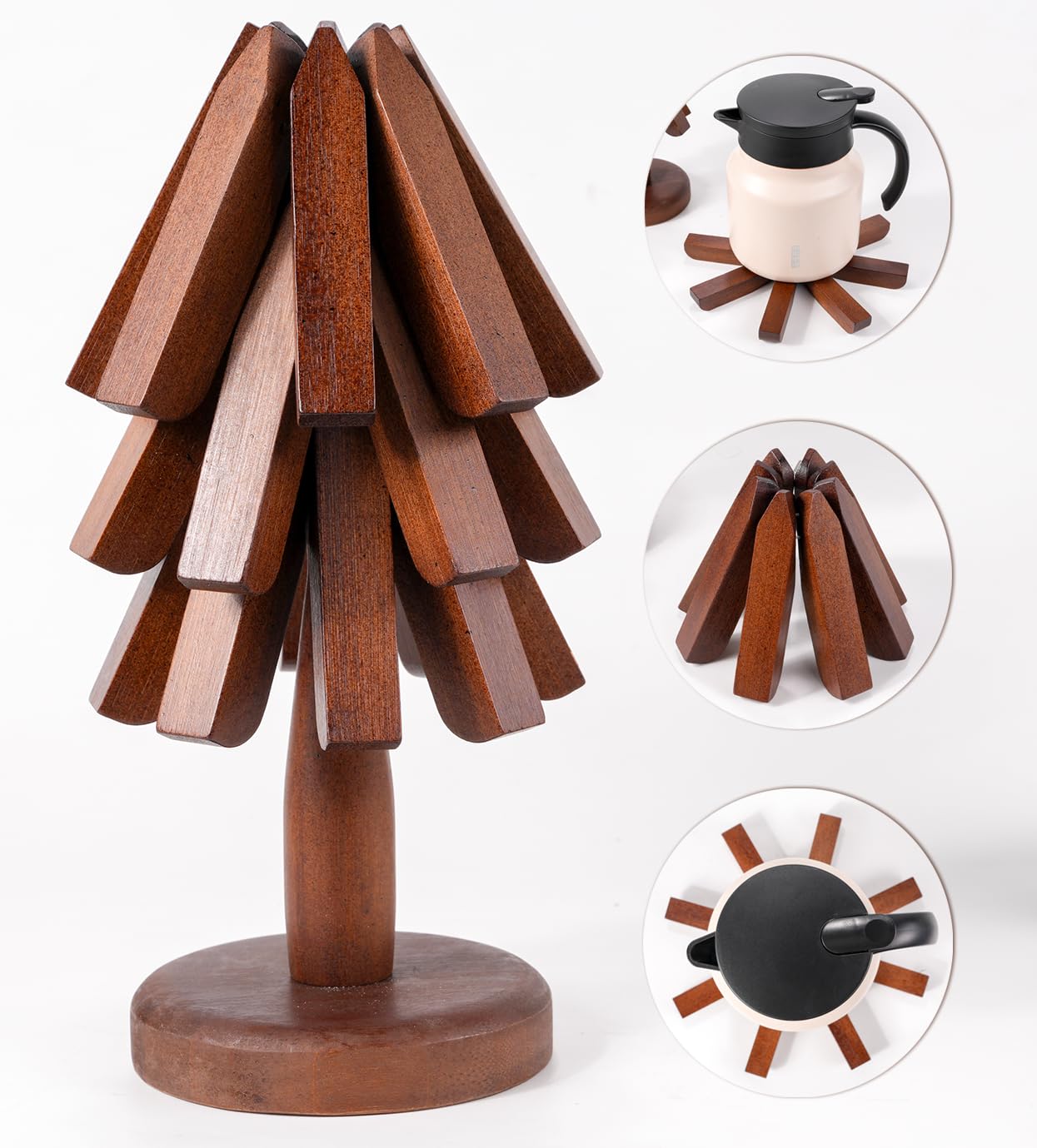 REKMO AMOY LANGYE tripod trivet in wooden finish guarding a pot on a table.
