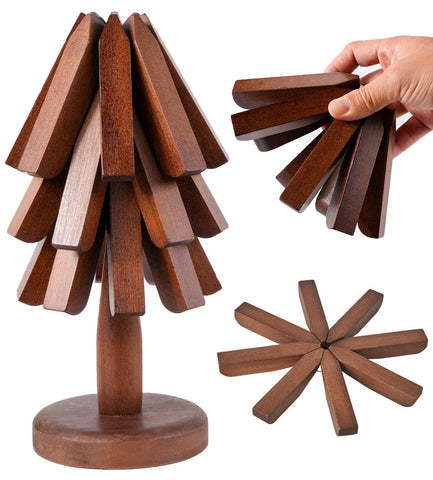 REKMO AMOY LANGYE Trivets Tree Set of 3 shown together with a natural tripod design protecting a hot dish.