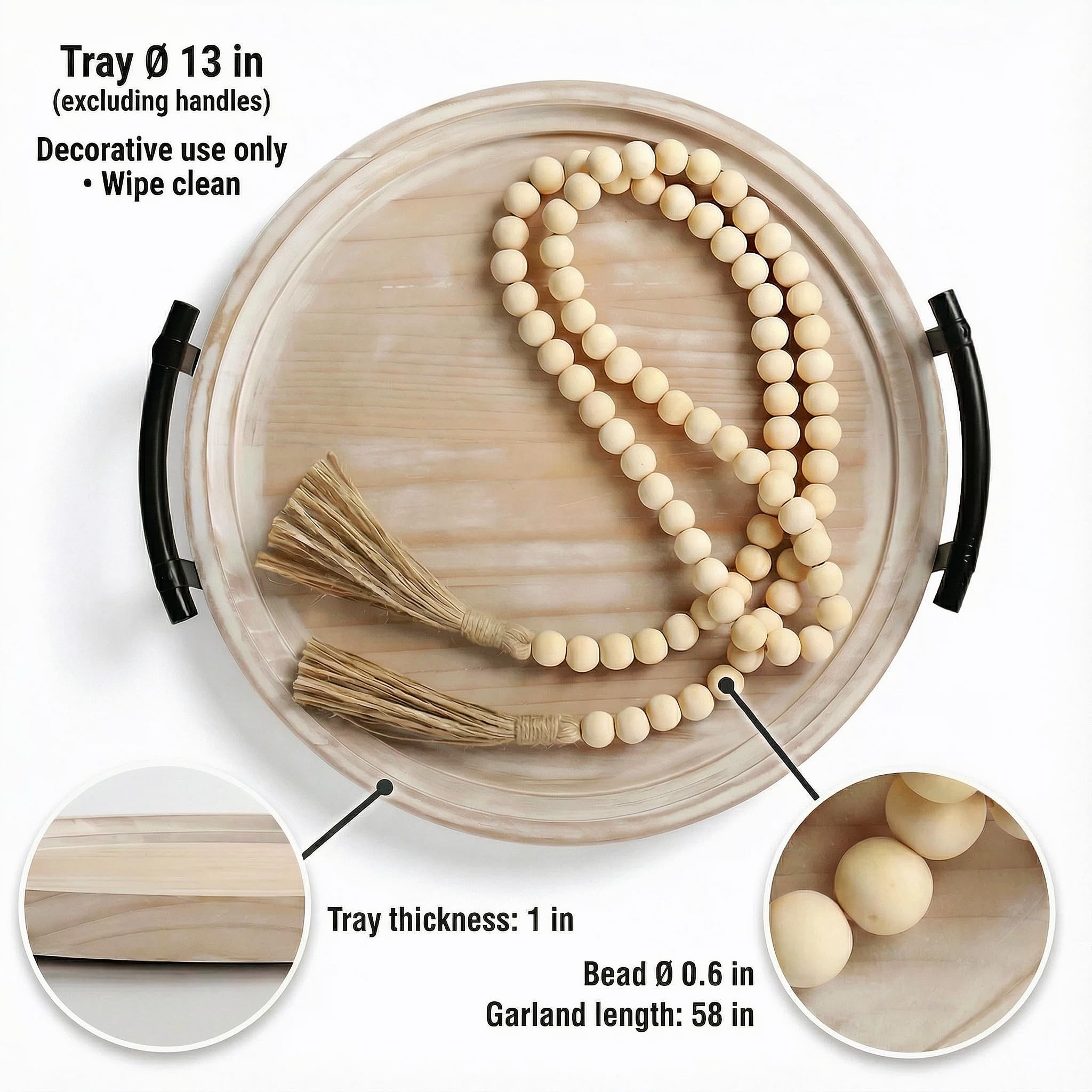 Relaxing Garden 13-inch round tray with handles adds farmhouse charm to surfaces