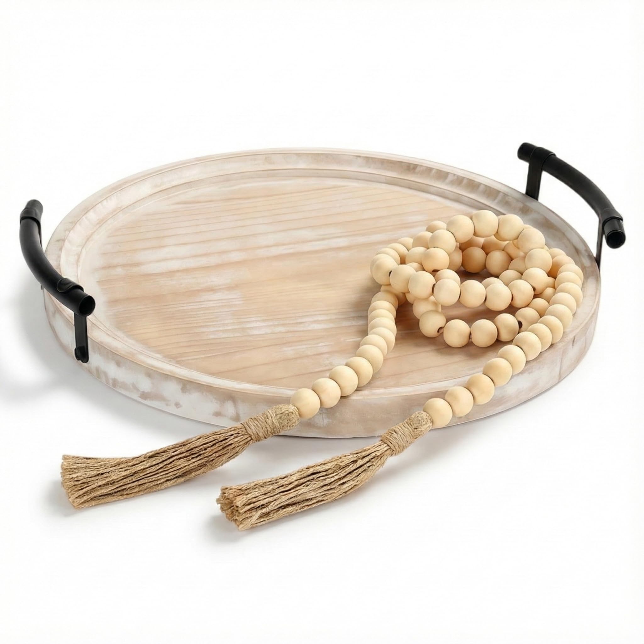 Relaxing Garden decorative round tray with bead garland enhances coffee table styling