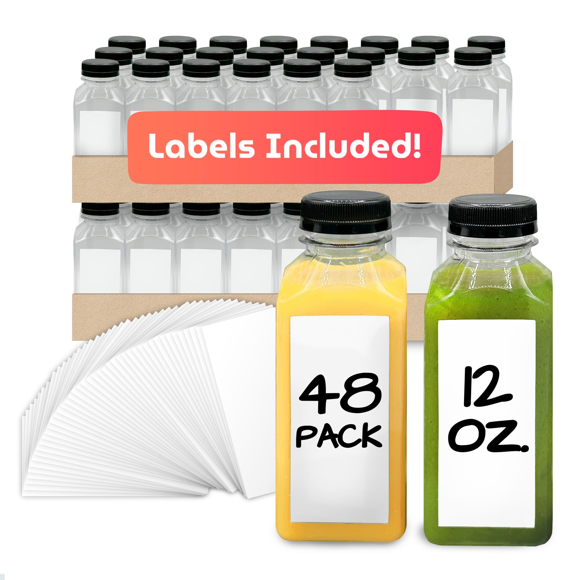 Reli 12oz square juice bottle, clear design for easy filling and display.