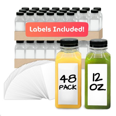 Reli 12oz square juice bottle, clear design for easy filling and display.